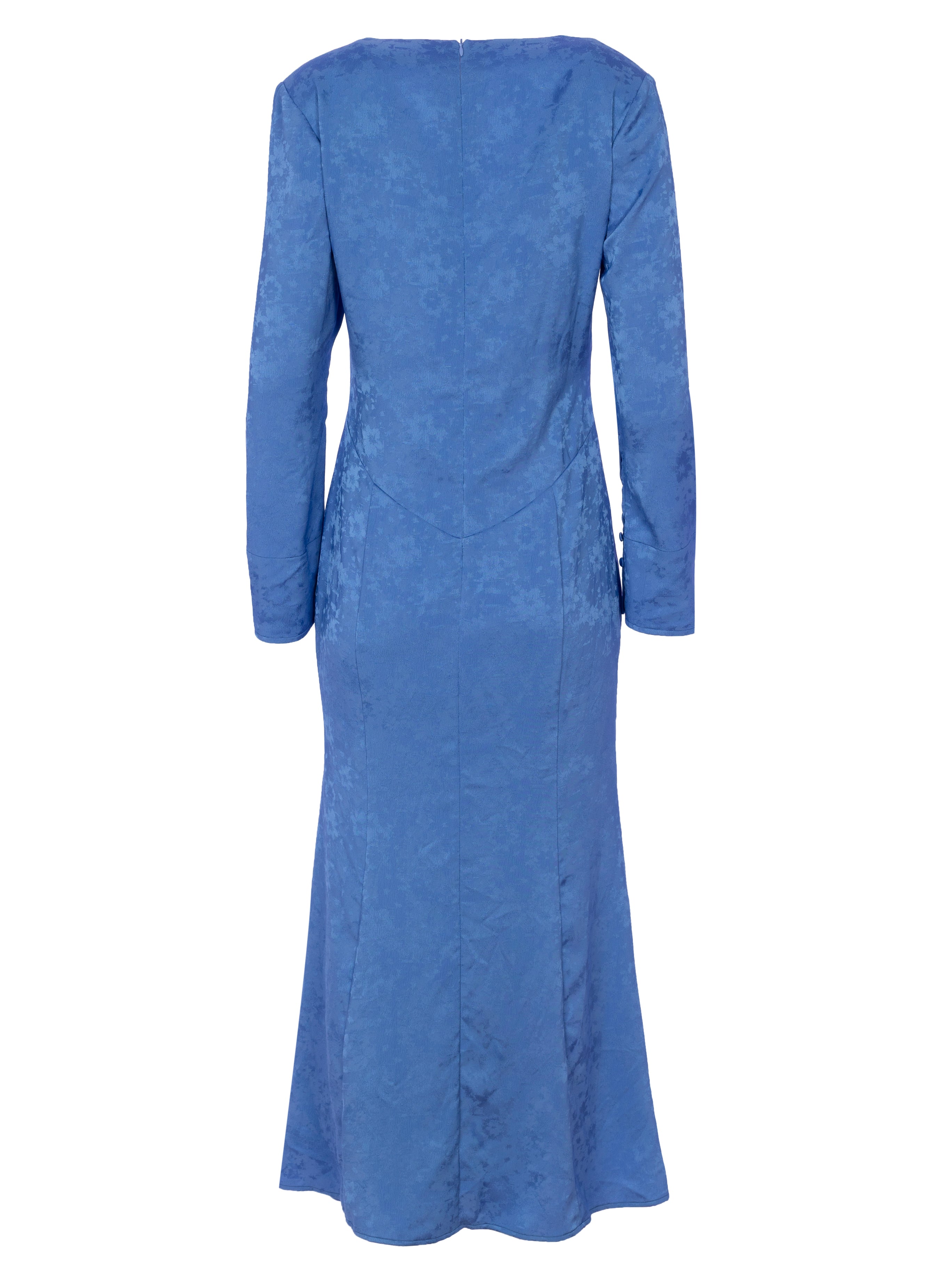 MIRANDA BLUE - Vestido Jacquard drapeado manga larga, perfecto para invitadas de boda y fiesta spring summer. MIOH es la marca española de vestidos de fiesta para invitadas de boda más de moda en España