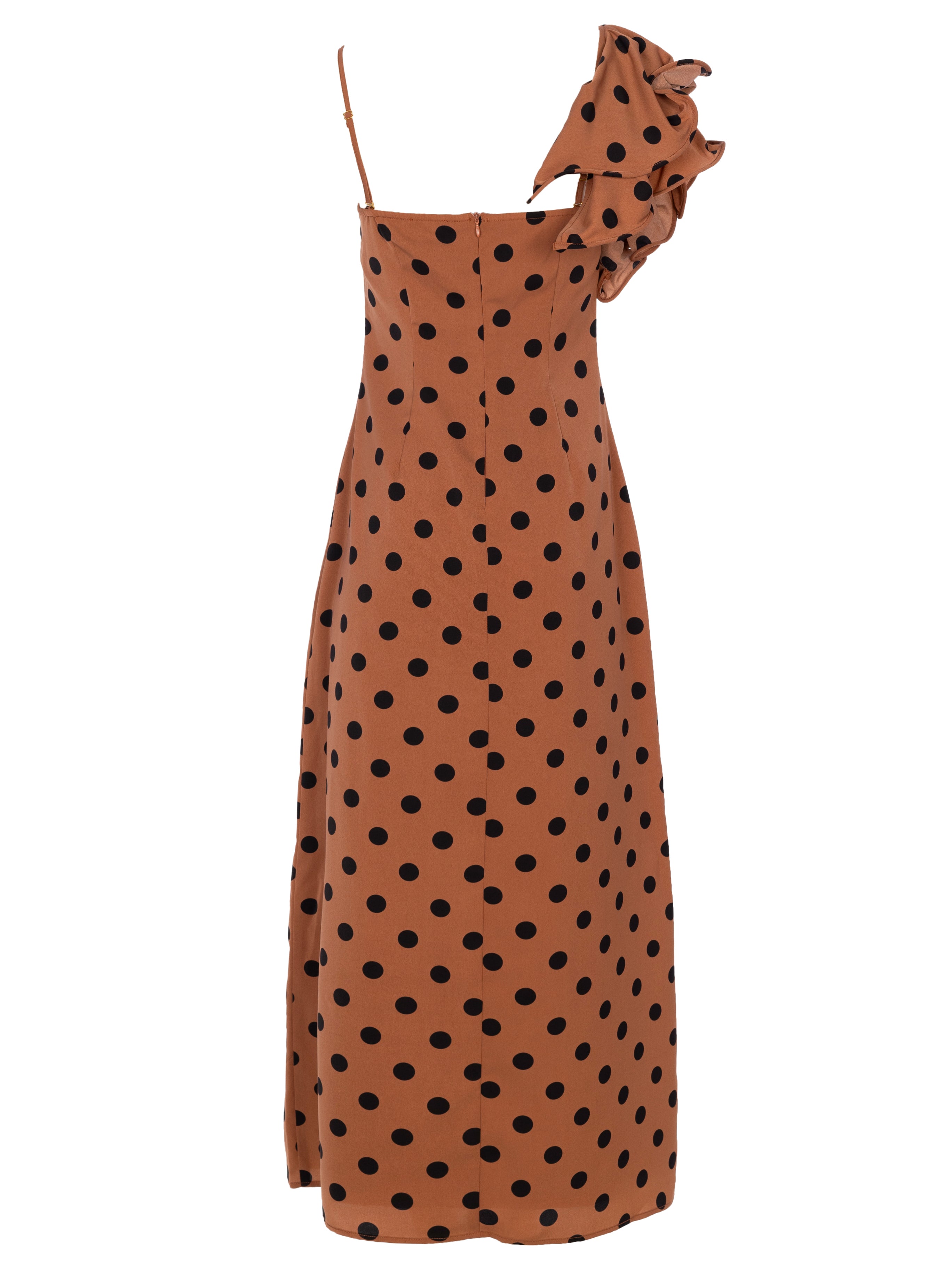 ROSALINDA DOTS - Vestido largo de lunares con volante en el tirante, de fiesta e invitada de boda y evento primavera verano. MIOH es la marca de vestidos de invitada de boda y fiesta de referencia en España
