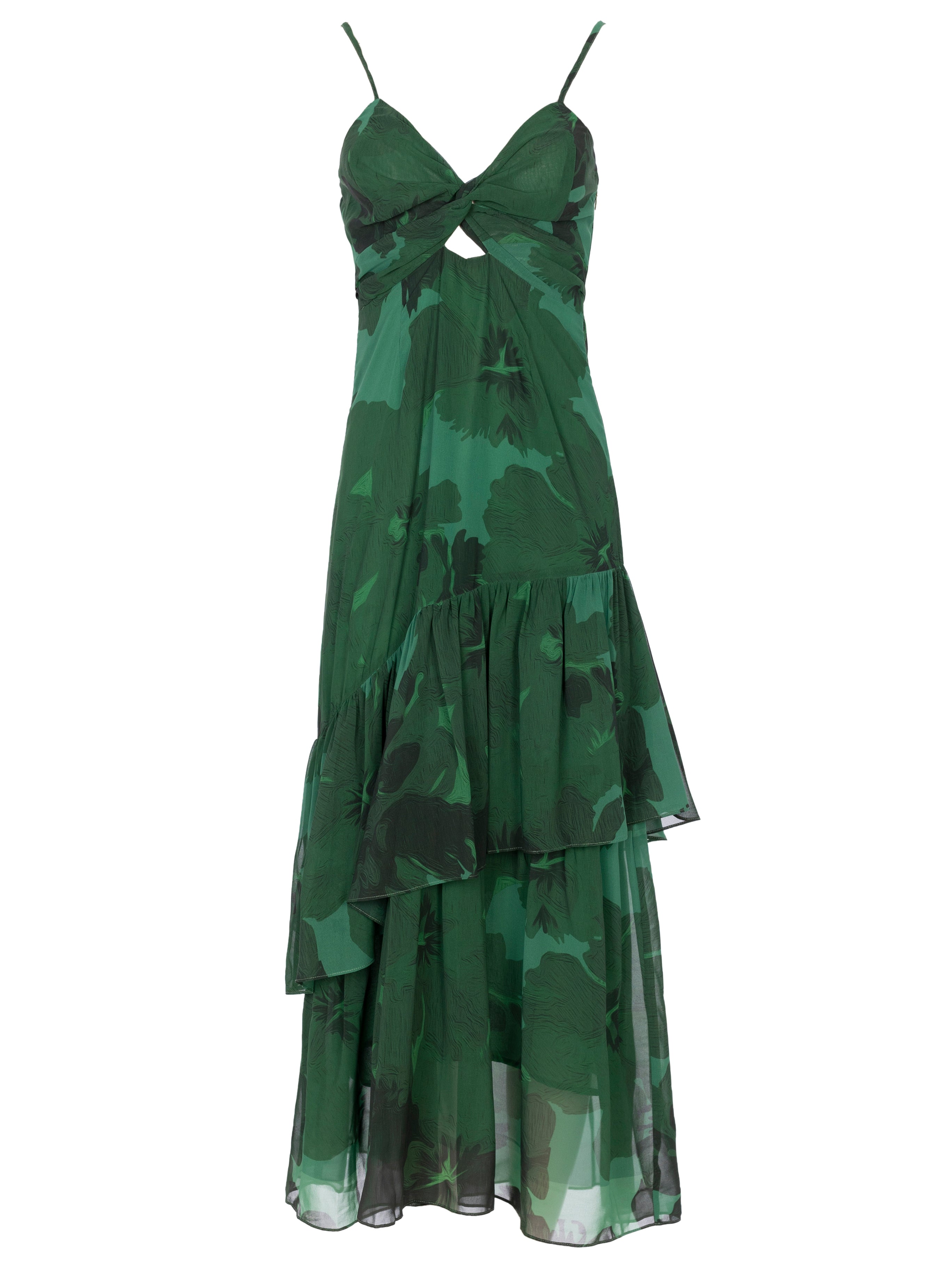 SHAKESPEARE GREEN - Vestido fluido volantes estampado floral, de fiesta e invitada de boda y evento primavera verano. MIOH es la marca que eligen las influencers de España para sus eventos, como bodas y fiestas