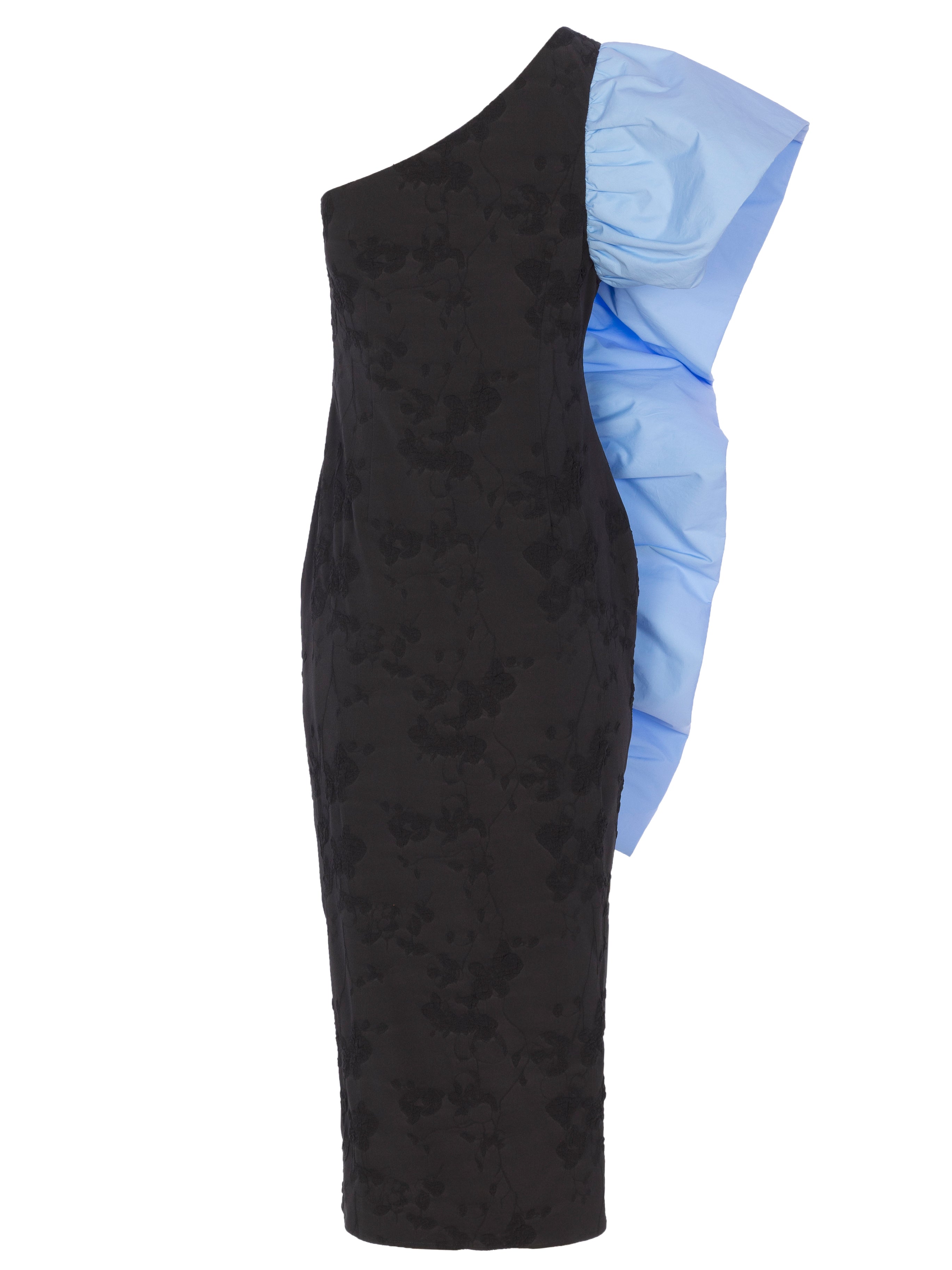 MALCOM BLACK - Vestido negro damasco azul, con volante estructurado, perfecto para invitadas de boda y fiesta spring summer. MIOH es la marca que eligen las influencers de España para sus eventos, como bodas y fiestas