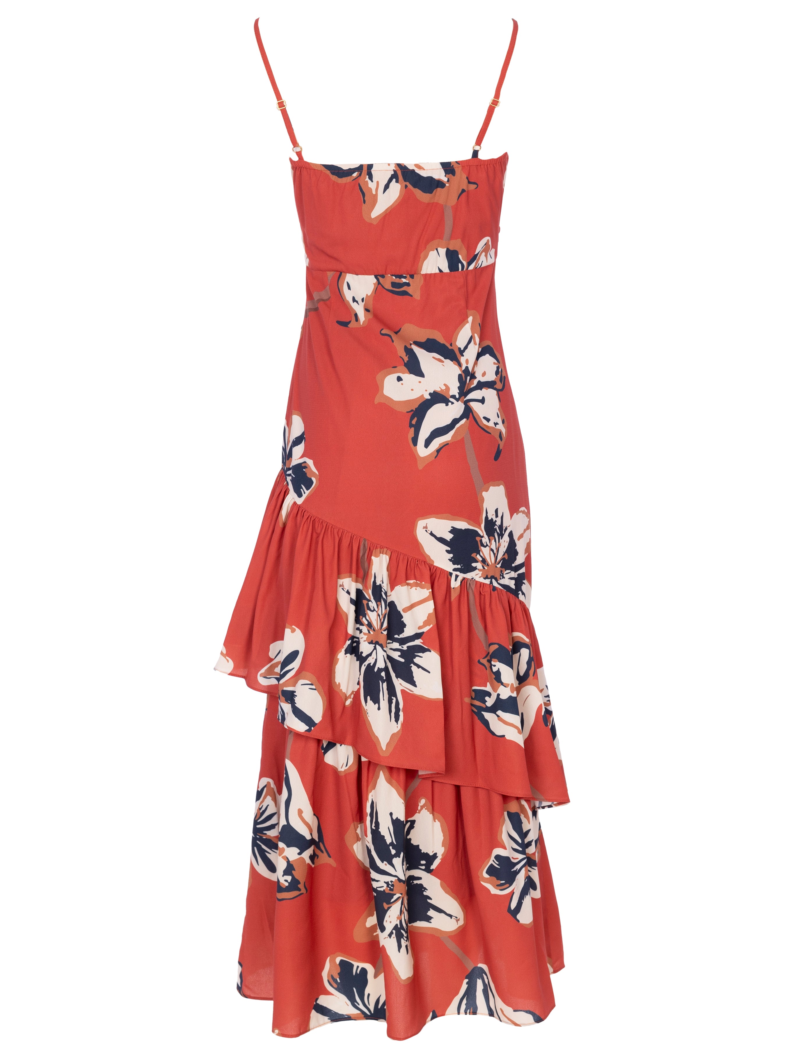 SHAKESPEARE FLOWERS - Vestido tirantes estampado flores y falda con volante diagonal, para invitadas de boda, fiesta y eventos de primvera y verano. MIOH es la marca de vestidos de invitada de boda y fiesta de referencia en España