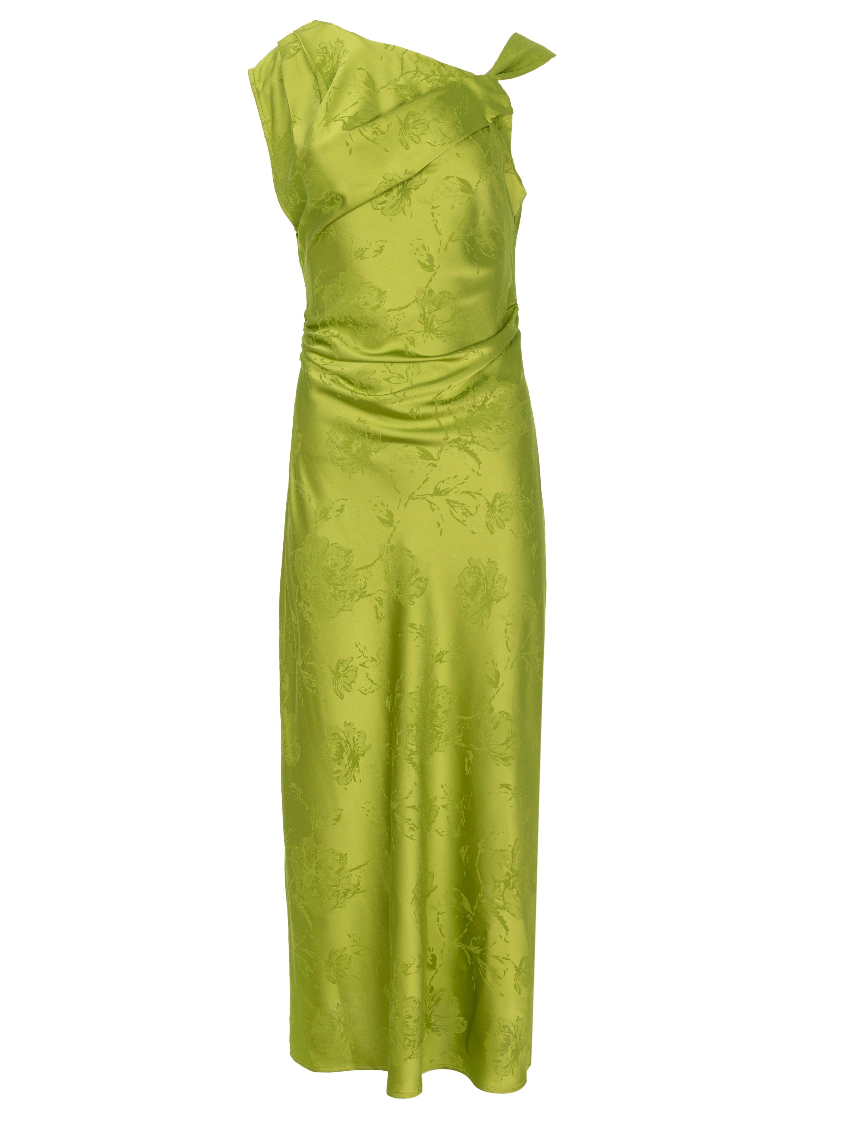 THESEO GREEN - Vestido jacquard asimétrico verde lima, para ser la invitada de boda perfecta y fiesta esta primavera verano. MIOH es la marca española de vestidos de fiesta mas de moda, preferida por influencers y famosas de España