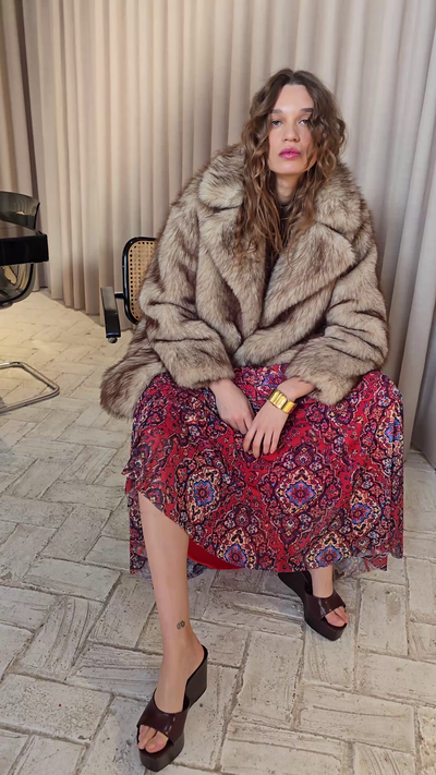 MISTRAL PRINT + WORLD RAW - Vestido halter tejido tul estampado boho, perfecto para bodas, cócteles y eventos de otoño e invierno + Abrigo faux fur